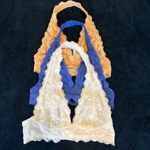 Free People Intimately Lace Halter Bralette Bundle 3 Pack Blue Cream Orange XS